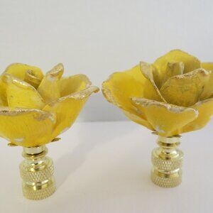Vintage Italian Porcelain Rose Lamp Finials, Yellow and Gold Leaf